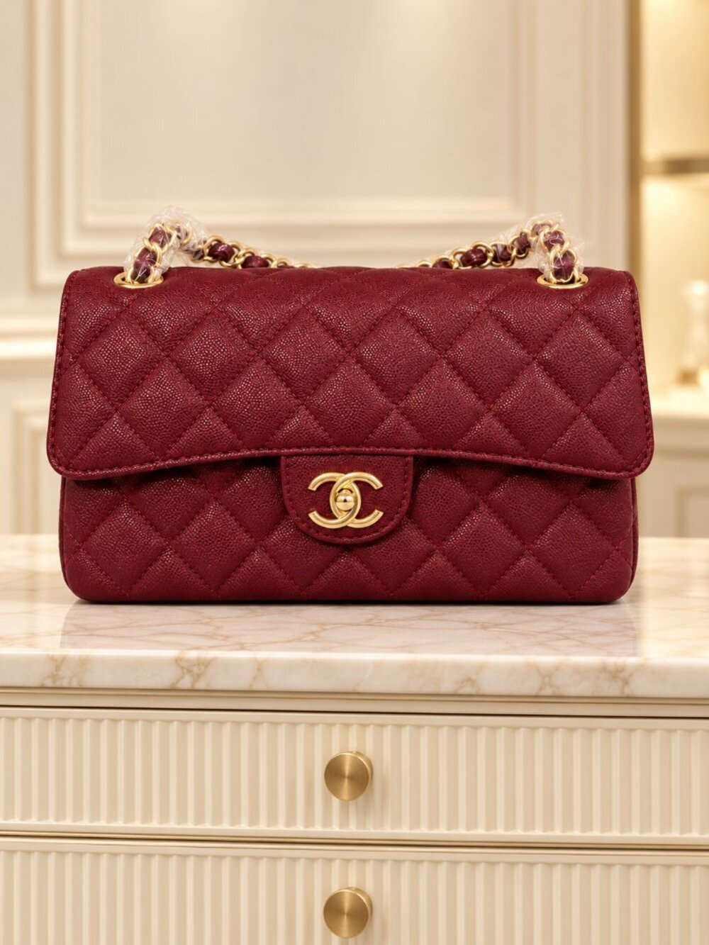 Burgundy Quilted Shoulder Bag Gold Tone Chain Double Flap Turn Lock Handbag